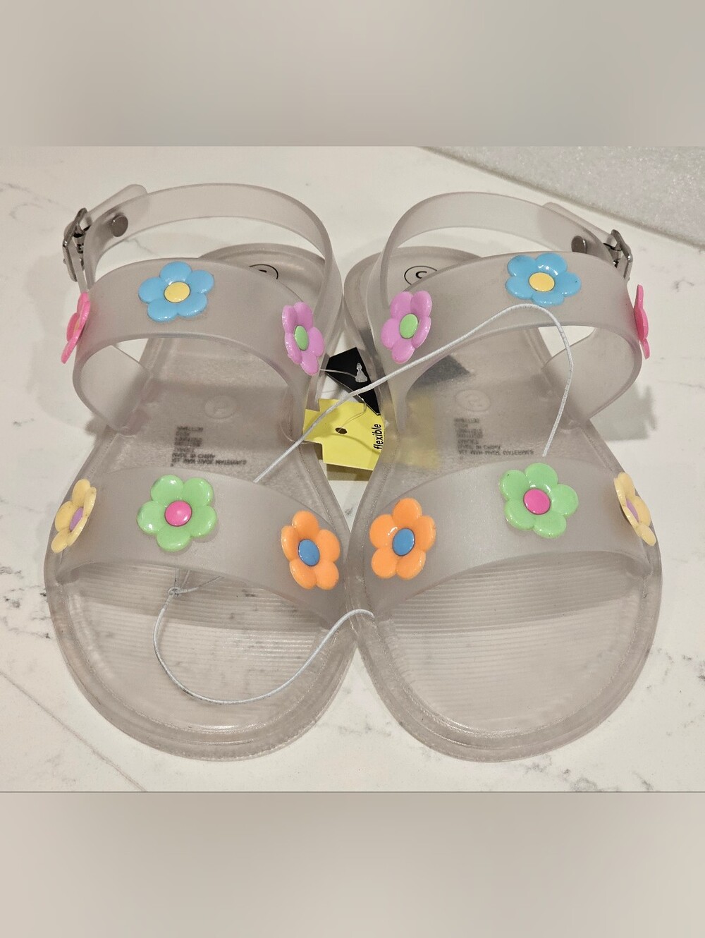 Ladies Clear Jelly Sandals with Multicolor Flower Accents Buckle Closure Size 5
